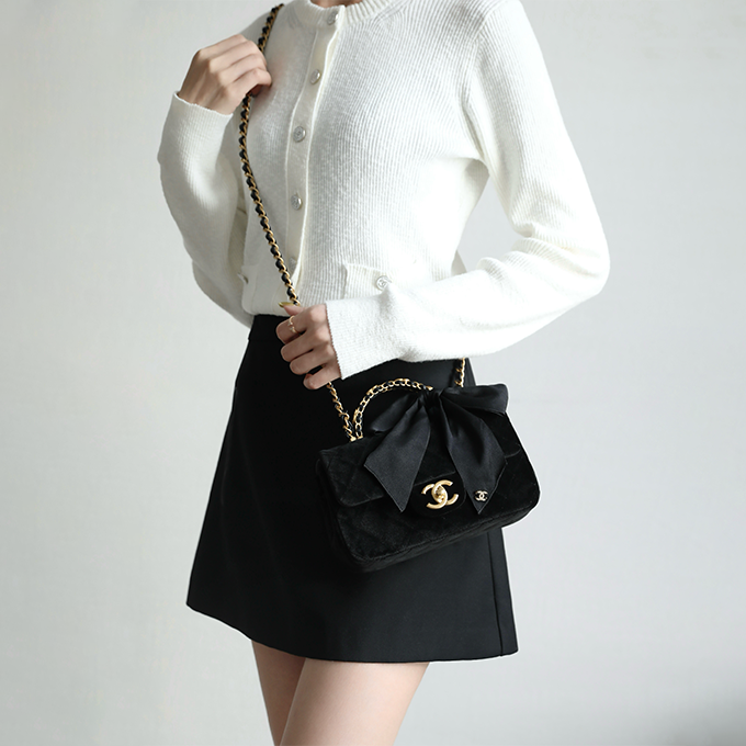 chanel mini velvet satin bow cc top handle flap bag